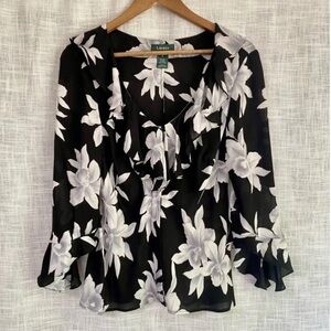 Lauren Ralph Lauren Silk Black White Floral Ruffle Blouse